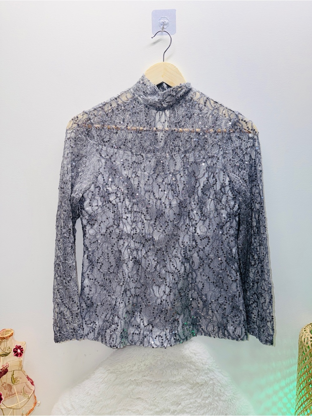 Grey Sequinned Lace Long-Sleeve Lined Wedding Guest Ready Mock Neck Top Blouse 👚